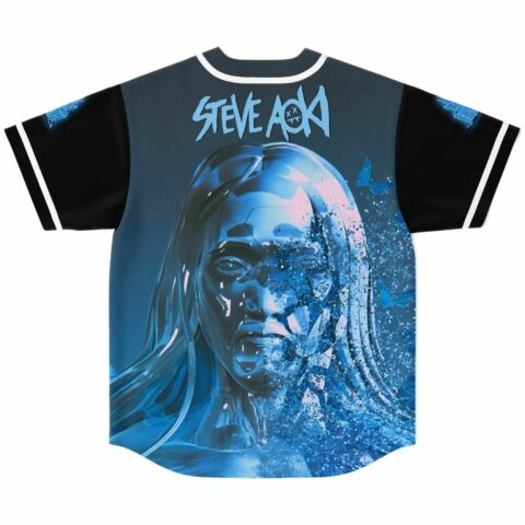 Back view of jersey featuring shattered chrome face graphic and blue butterfly accents on dark