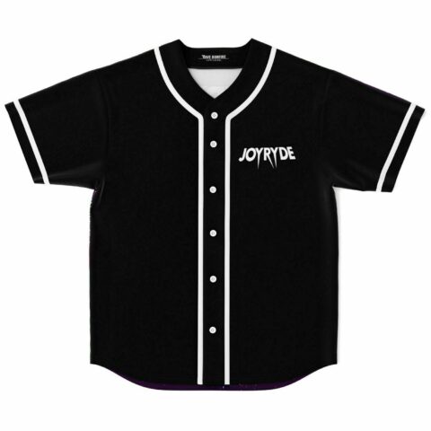 Black rave baseball jersey with white piping and JOYRYDE text on chest, front view
