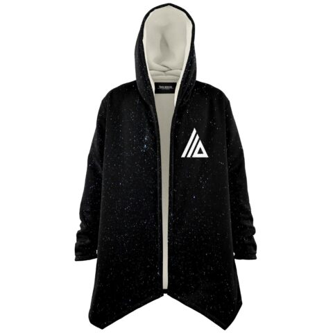 Starfield rave cloak with speckled cosmic print and triangle logo front view