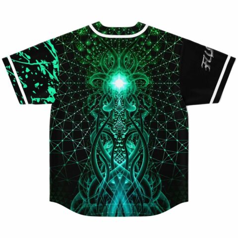 Glowing green fractal mandala print on black baseball jersey with geometric grid, back view