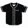 Black rave baseball jersey with blue graffiti-style name print on chest and white pinstripe trim