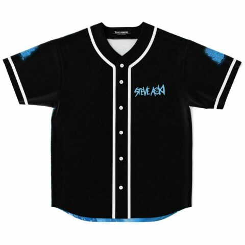 Black rave baseball jersey with blue graffiti-style name print on chest and white pinstripe trim