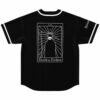 Death by Techno tarot card graphic on black baseball jersey back view