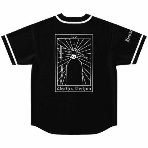 Death by Techno tarot card graphic on black baseball jersey back view