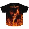 Black baseball jersey back with fiery winged angel graphic and flame-lettered festival text