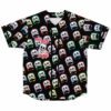 Front view of black baseball jersey with drippy melting-face pattern in rainbow outlines and Mello