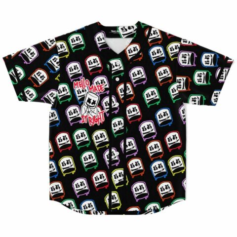 Front view of black baseball jersey with drippy melting-face pattern in rainbow outlines and Mello