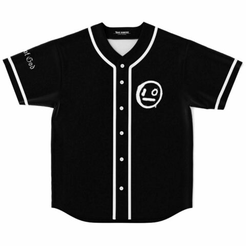Black rave baseball jersey with hand drawn spray paint face front view