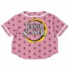 Back view of the pink rave cropped baseball jersey with bold graphic text