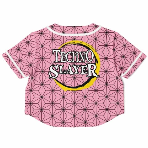 Back view of pink cropped jersey featuring bold graphic text