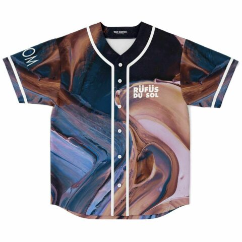 Liquid marble swirl rave baseball jersey, front view, white button placket, RÜFÜS DU SOL text