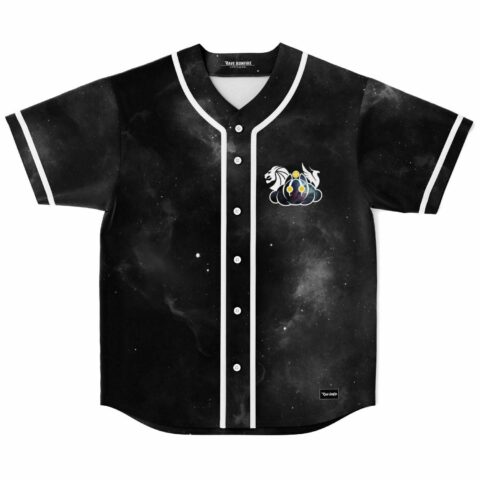 Black galaxy print baseball jersey with cloud creature chest logo front view