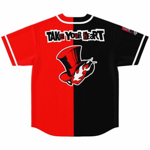 Split red and black jersey back with Take Your Heart text and top hat mask