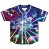 Chrome astronaut floats amid cosmic light rays on deep blue rave baseball jersey front view