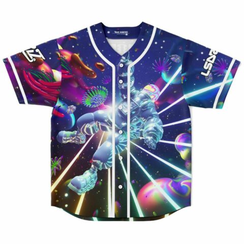Chrome astronaut floats amid cosmic light rays on deep blue rave baseball jersey front view