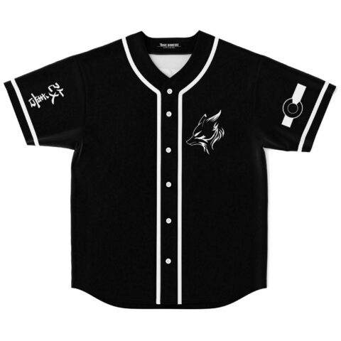 Black baseball jersey with white fox head graphic and kanji sleeve print front view