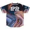 Black liquid marble baseball jersey back view showing bronze and blue swirl pattern with RÜFÜS
