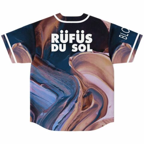 Black liquid marble baseball jersey back view showing bronze and blue swirl pattern with RÜFÜS