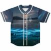 Front view of navy baseball jersey with moonlit lake and mountain print reading NURKO