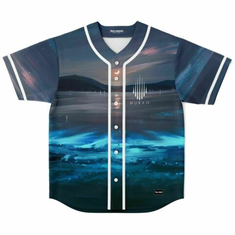 Front view of navy baseball jersey with moonlit lake and mountain print reading NURKO