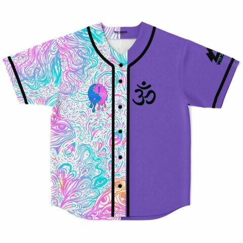 Front view of purple psychedelic liquid rave baseball jersey with split trippy swirl print