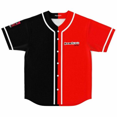 Split black and red baseball jersey with Phantom Thieves script logo on chest, front view