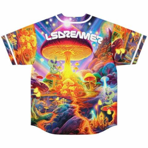 Back view of glowing mushroom forest jersey with dancing aliens and LSDREAMER text