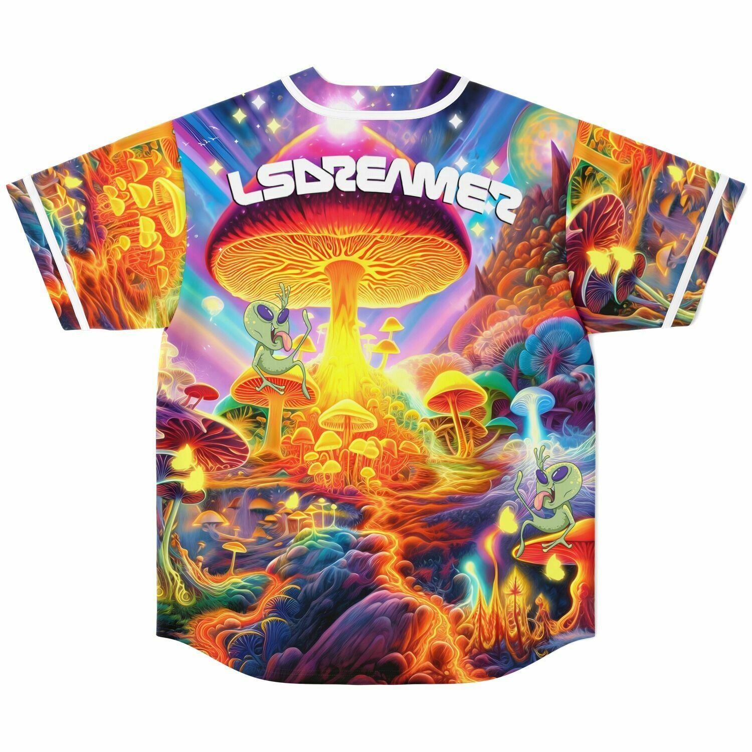 a Baseball jersey with an image of a mushroom and Lsdream print