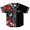 Black baseball jersey front with red rose and white floral half panel and MATRODA logo