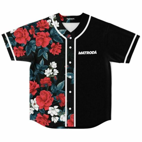 Black baseball jersey front with red rose and white floral half panel and MATRODA logo