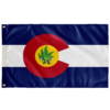 Colorado state rave flag with cartoon cannabis leaf character in red and yellow C emblem