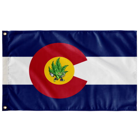 Colorado state rave flag with cartoon cannabis leaf character in red and yellow C emblem