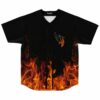 Black baseball jersey with flame print and winged phoenix logo, front view