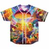 Front view of psychedelic mushroom rave jersey laid flat showing full trippy alien scene
