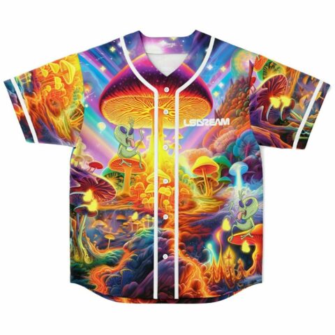 Front view of psychedelic mushroom rave jersey laid flat showing full trippy alien scene