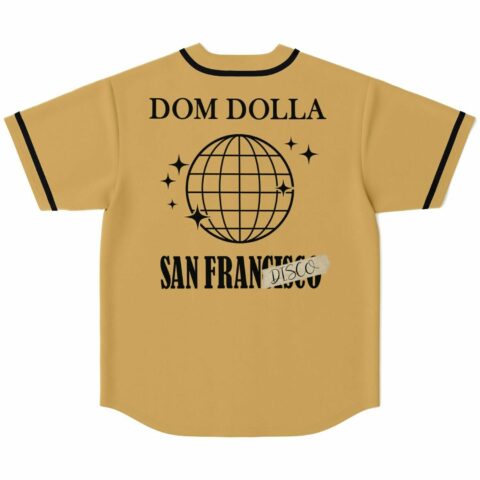 Back view of tan jersey with disco globe graphic and San Francisco text print