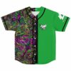 Green psychedelic bee rave baseball jersey with swirl pattern and bee graphic, front view
