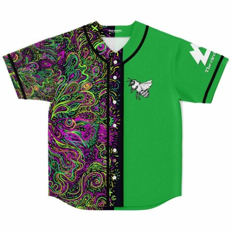Green rave jersey with psychedelic swirl pattern and bee graphic