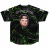 Neon green swirl baseball jersey back view with STVNK FVCE text and cartoon-style face graphic