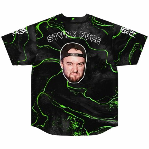 Neon green swirl baseball jersey back view with STVNK FVCE text and cartoon-style face graphic