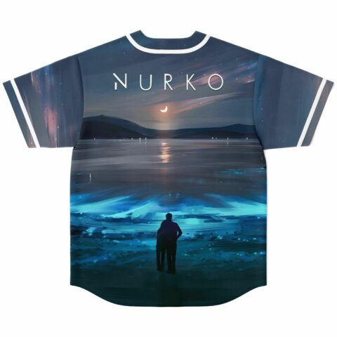 Back view of jersey showing silhouetted couple by glowing blue lakeshore under NURKO text