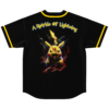 Back view of black jersey with lightning-charged electric mouse graphic, text A Sparkle Of Lightning