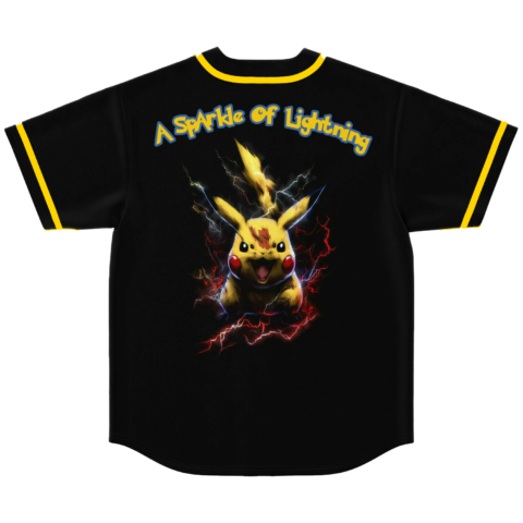 Back view of black jersey with lightning-charged electric mouse graphic, text A Sparkle Of Lightning