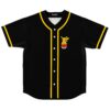 Black baseball jersey with yellow trim, electric mouse mascot sitting on pokeball patch, front view