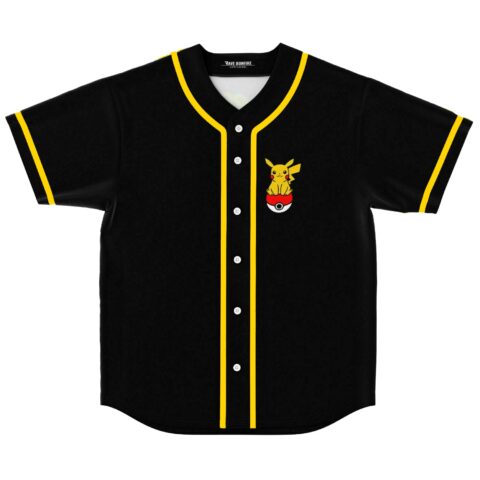 Black baseball jersey with yellow trim, electric mouse mascot sitting on pokeball patch, front view