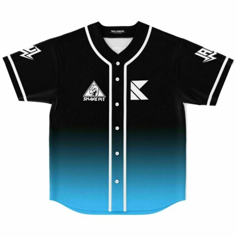 Black-to-blue ombre baseball jersey with Snake Pit triangle logo, lightning bolt sleeves, front view