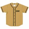 Tan rave baseball jersey with black wordmark logo on chest, front view flat lay