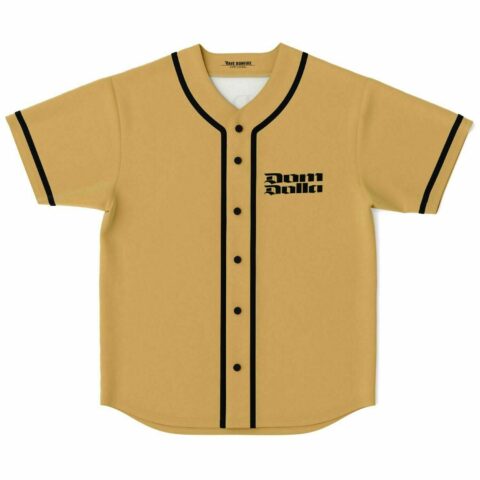 Tan rave baseball jersey with black wordmark logo on chest, front view flat lay