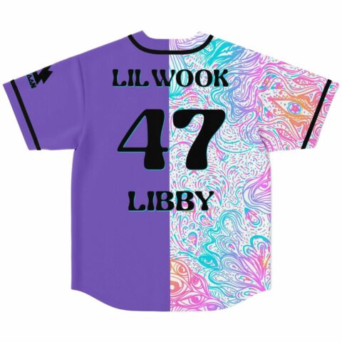 Back view of jersey showing LIL WOOK LIBBY 47 text on purple and swirl pattern