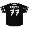 Black rave jersey back view with Kaizen 77 brush lettering and kanji sleeve print